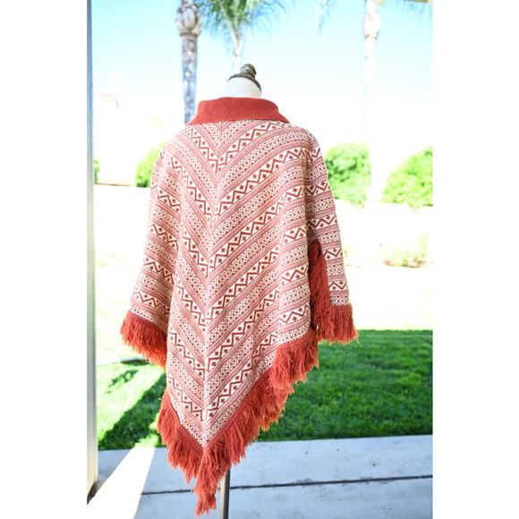 1970's Wool Burnt Orange and Cream Knit Poncho - Picture 3 of 7
